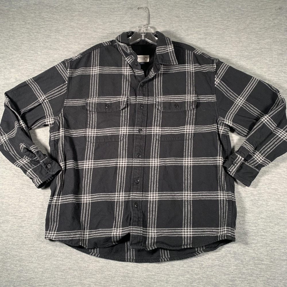 American Eagle Shirt Mens Large Black Plaid Flannel Long Sleeve Button Up Casual